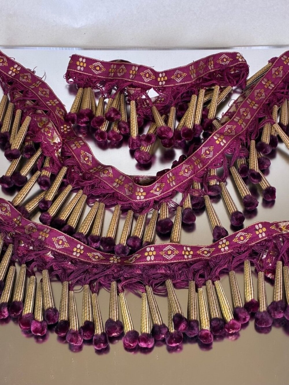 1800's French Silk Covered Wooden Bobble Trim in Burgundy, White